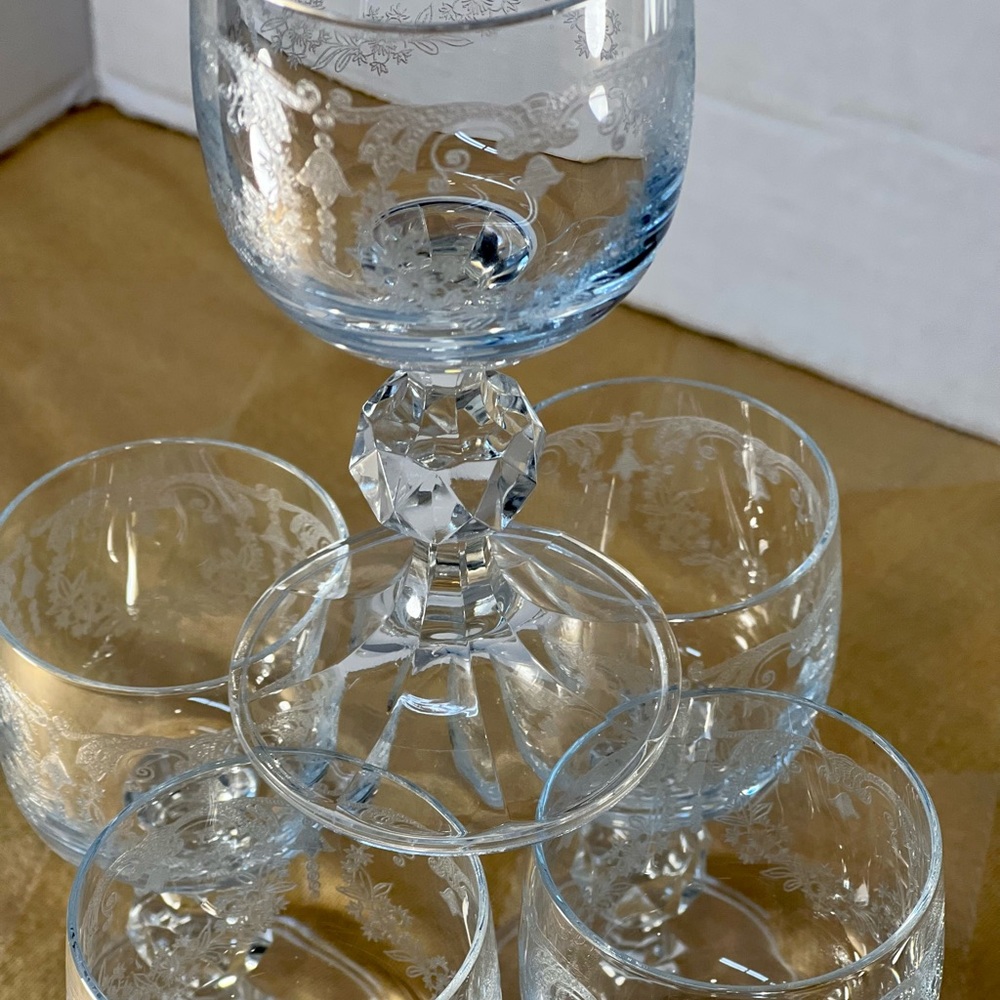 MINT Vintage Bohemian Etched Glass Set of 6 Shot Cordials